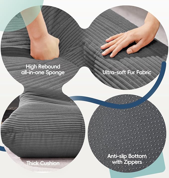 Hobestluk Medium Bean Bag Chair Faux Fur Fabric BeanBag Couch for Playroom | Grey Corduroy,Ergonomic Design,Memory Foam,Strong Supportive,No Assembly Required,Decorative Style for Living Room Bedroom
