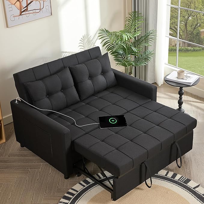 GOSUHI 52" Sleeper Sofa with Pull-Out Bed, 3-in-1 Convertible Sofa Bed, Set of Loveseat with Stepless Adjustable Backrest and Side Pocket, for Living Room Dorm Apartment, Linen, Black