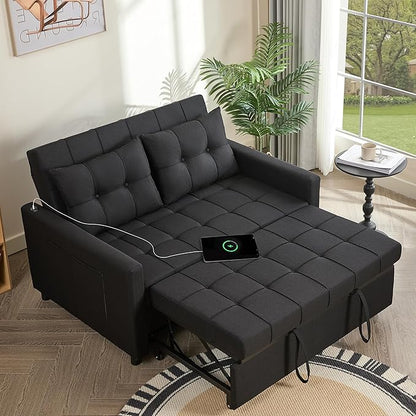 GOSUHI 52" Sleeper Sofa with Pull-Out Bed, 3-in-1 Convertible Sofa Bed, Set of Loveseat with Stepless Adjustable Backrest and Side Pocket, for Living Room Dorm Apartment, Linen, Black