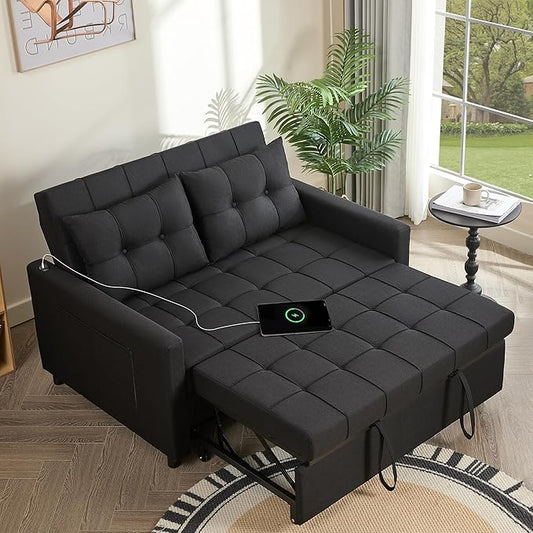 GOSUHI 52" Sleeper Sofa with Pull-Out Bed, 3-in-1 Convertible Sofa Bed, Set of Loveseat with Stepless Adjustable Backrest and Side Pocket, for Living Room Dorm Apartment, Linen, Black