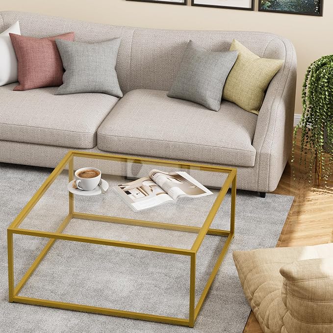 Glass Coffee Table, Small Square Coffee Table for Living Room,Simple Modern Center Tables for Small Spaces, Gold Living Room Tea Tables Easy Assembly,26 * 26in（Gold & Clear Glass）