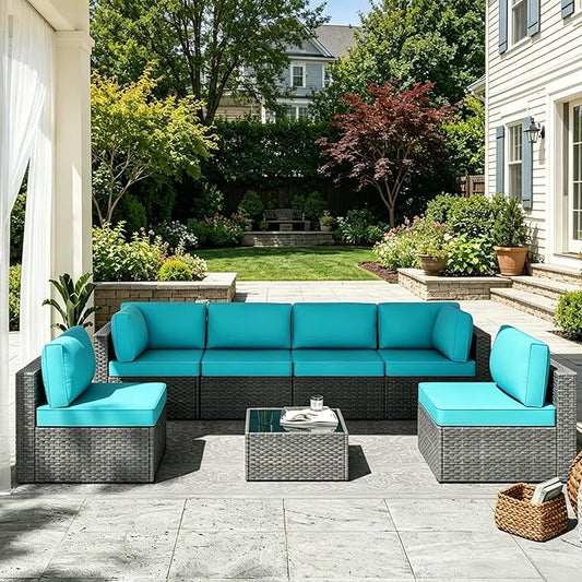 MOCHITO 7 Pieces Outdoor Patio Furniture Sets, All-Weather Sectional Sofa Grey PE Rattan Wicker Conversation Set with Glass Table and Washable Turkish Blue Cushions for Backyard,Sunroom,Garden,Porch