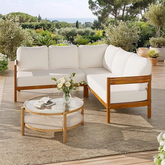 VilroCaz Outdoor Patio Furniture Set, L-Shaped Acacia Wood Sectional Sofa with 6 Soft Seat Cushions and Backpack, All-Weather Conversation Set with Arc Frame for Garden Backyard Porch (White-3.19)