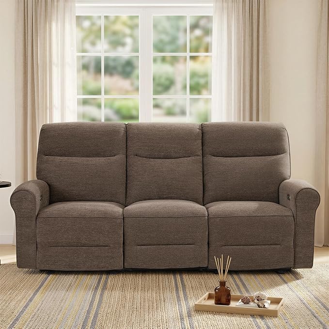 MCombo 87.8" Wall Hugger Power Reclining Sofa with Drop Down Table, 3-Seater Recliner Couch for Small Spaces Living Room RV, USB Ports, Fabric PR635M3 (Dark Brown)