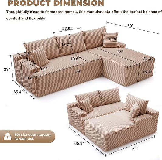 Mangodan Cloud Sectional Sofa, Boneless Couch for Living Room, Modular Sectional Sofa with Deep Seat, Fluffy L-Shaped Comfy Couch with Right-Facing Chaise, No Assembly Required, Camel