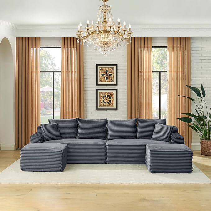 115" U-Shaped Cloud Sectional Couch, Modular Compressed Boneless Sectional Sofa W/Reversible Ottoman Chaise Lounge, Plush Corduroy Boneless Symmetrical Sofa for Living Room