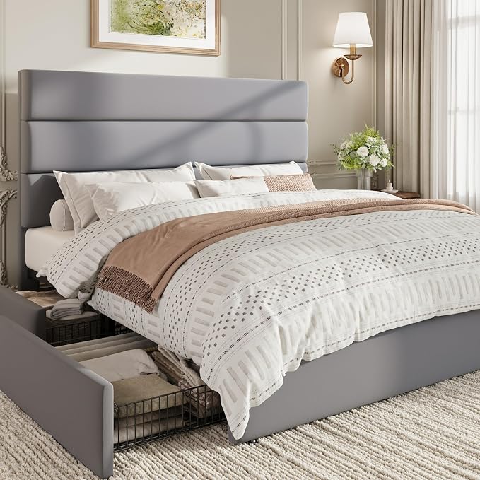 SHA CERLIN Queen Size Platform Bed Frame with 4 Storage Drawers, Velvet Upholstered Headboard, Mattress Foundation with Wooden Slats Support, No Box Spring Needed, Easy Assembly, Grey