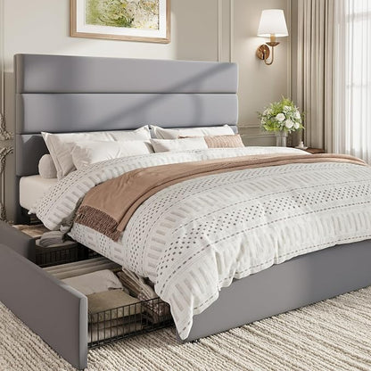 SHA CERLIN Queen Size Platform Bed Frame with 4 Storage Drawers, Velvet Upholstered Headboard, Mattress Foundation with Wooden Slats Support, No Box Spring Needed, Easy Assembly, Grey