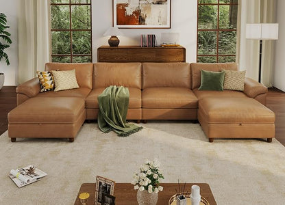 SITJOY Large Cloud Couch, 149" Wide 4 Seater U Shape, Faux Leather in Brown | Pet-Friendly Scratch-Resistant Leather Sectional Sofas for Living Room, Deep Seat Wide Couch with Chaise, Storage Ottoman