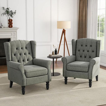 High Back Accent Chair, Fabric Wingback Chair Upholstered Armchair for Living Room, Retro Comfy Single Sofa Bedroom Reading Seat with Solid Wood Legs - Gray