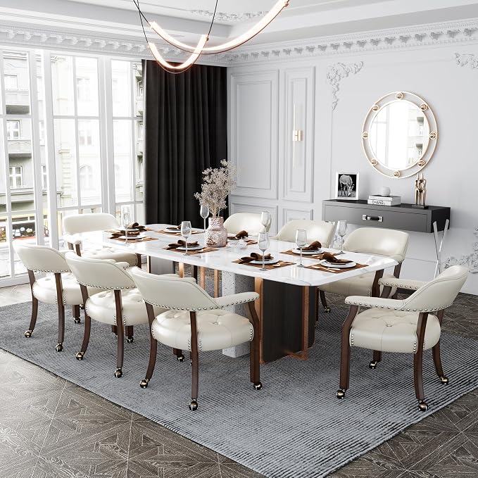 LEEMTORIG Set of 8 Large Dining Chairs with Casters and Arms, Rolling Dining Chairs with Wheels, Poker Chairs, Solid Wood Boss Caption's Chair, 26"D x 25.2"W x 31.5"H, Cherry Legs & Ivory, SY-1533-WT