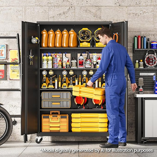 Metal Garage Storage Cabinet with Locking Doors and Adjustable Shelves, Wide & Deep Garage Cabinet on Wheels, 71" Rolling Tool Cabinet for Garage, Basement, Home Office