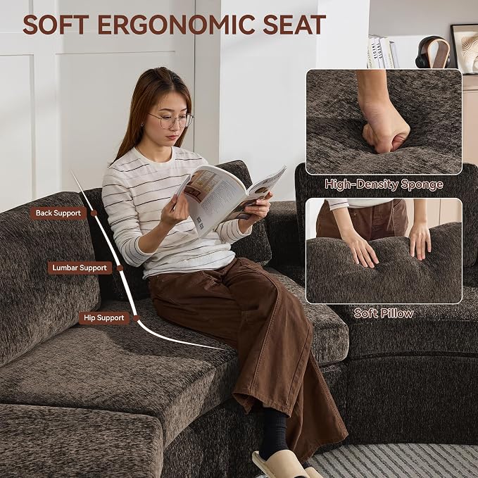 WUTUTUEE 119'' Curved Round Boneless Sofa, Oversized Modular Sectional Sofa with Deep Seat & Arms, Chenille Memory Foam Sofa with Pillows, Upholstered Comfy 4 Seat Couch for Living Room, Brown
