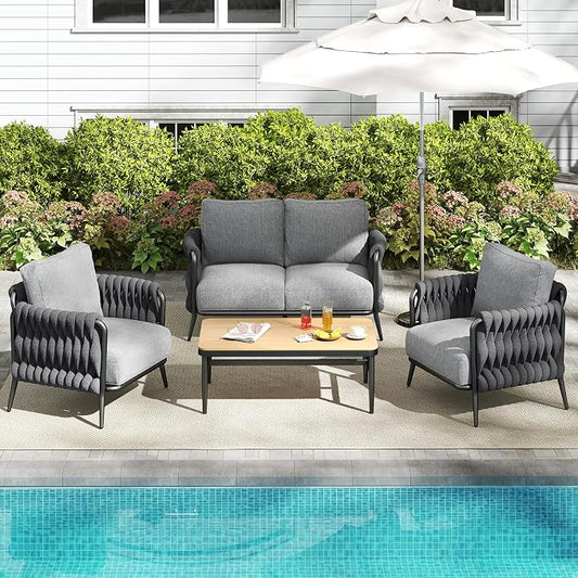 Jocoevol Outdoor Patio Sofa Set 5-Piece, Outdoor 4-Seat Couch Set with Coffee Table, Waterproof Thick Cushion Patio Conversation Set, All Weather Outdoor Furniture for Deck, Lawn, Balcony