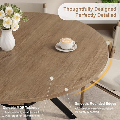 MECHYIN 42" Round Dining Table for 2-4, Farmhouse Kitchen Table with Storage, Space Saving Circle Dinner Table, Rustic Light Wood Kitchen & Dining Room Tables with Metal Legs for Kitchen, Dining Room