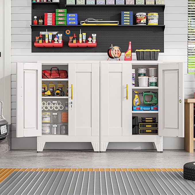 GAIOUS White Metal Pantry Cabinet with Lock(Two Units), Sideboard Buffet | Storage Cabient with Doors and 2 Adjustable Shelves, Multifunctional Kitchen Cupboard for Home Office, Buffet Table