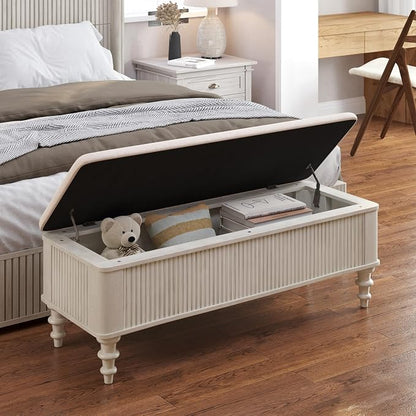 Storage Ottoman Bench 50.8" Rubberwood Linen Beige | Linen Seat, Storage Bench for Bedroom, Entryway Shoe Organizer for Bedroom, Living Room, Entryway, Closet, Beige