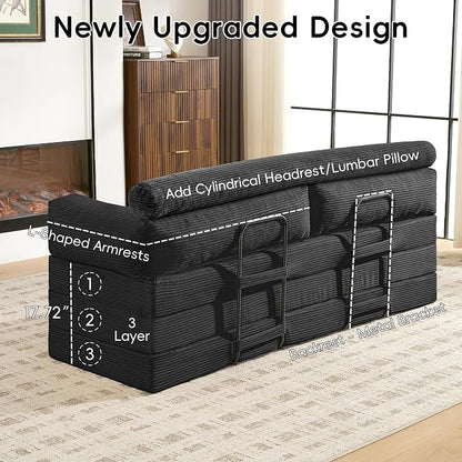 60" Boneless Couch, 5-in-1 Convertible Sofa Bed Tri Folding Mattress with Removable L-Shaped Armrests, Corduroy Futon Couch Sleeper with Pull Out Bed for Living Room Bedroom Apartment, Black