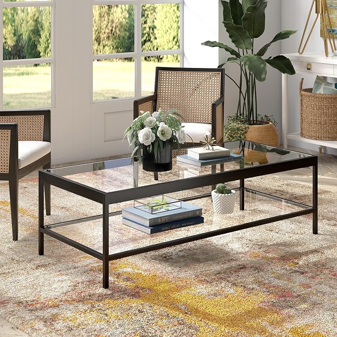 Henn&Hart 54" Wide Rectangular Rectangular Coffee Table in Blackened Bronze, Modern Rectangular Coffee Tables for living room, studio apartment essentials | Open lower shelf adds practical storage while the glass design keeps spaces feeling bright