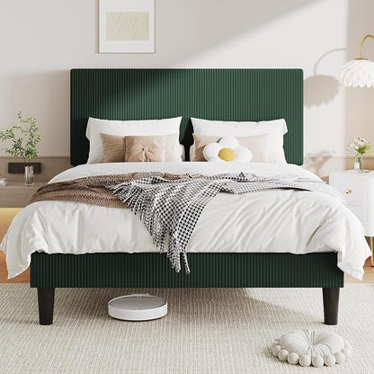 Allewie Full Size Upholstered Bed Frame with Vertical Channel Tufted Headboard, Soft Corduroy Fabric Platform Bed, Strong Wooden Slats Support, Easy Assembly, No Box Spring Needed, Dark Green