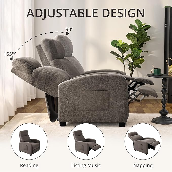 Recliner Chair for Living Room, Modern Adjustable Home Theater Seating Single Sofa Manual Push Back Armchair with Soft Linen Upholstery & High Backrest for Small Spaces, Linen-Gray