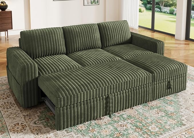 HONBAY Modular Sectional Sofa with Pull Out Bed,Corduroy L Shaped Sleeper Sofa with Storage, Sectional Couches for Living Room,Green