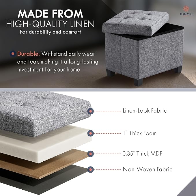 Ornavo Home Storage Ottoman Small Rectangle Ottoman with Legs, Foot Rest Stool Seat, Load up to 600 LB, for Living Room, Bedroom, Home Office, Dorm - 12 x 16 x 12, Gray