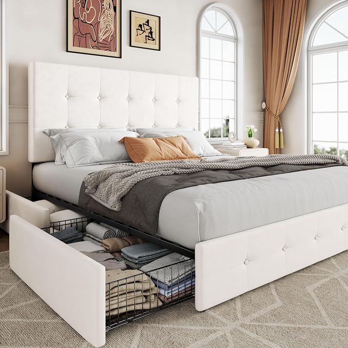 Allewie Upholstered Full Size Platform Bed Frame with 4 Storage Drawers and Adjustable Headboard, Square Button Tufted, Wooden Slats Support, Noise-Free, No Box Spring Needed, Easy Assembly, White