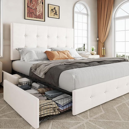 Allewie Upholstered Full Size Platform Bed Frame with 4 Storage Drawers and Adjustable Headboard, Square Button Tufted, Wooden Slats Support, Noise-Free, No Box Spring Needed, Easy Assembly, White