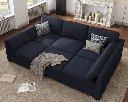 Oversized Modular Sectional Sleeper Sofa Bed Cloud Couches Blue | Deep Seat Couch for Living Room, 6-Seater Luxury Comfortable Sofa with Ottoman, Solid Wood Frame, Removable Washable Cover