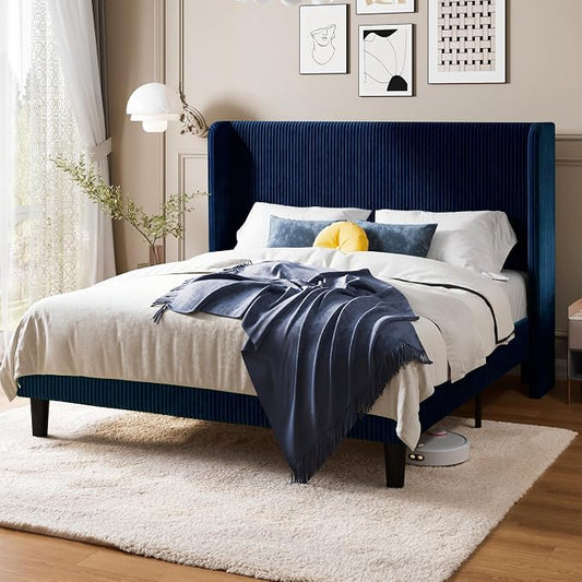 Allewie Full Size Bed Frame with Upholstered Wingback Headboard, Vertical Channel Tufted Corduroy Velvet Platform Bed, Strong Wooden Slats Support, No Box Spring Needed, Easy Assembly, Dark Blue