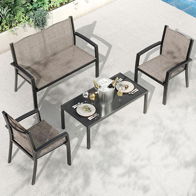 Garvee 4 Piece Patio Bistro Furniture Set, Outdoor Conversation Set with 3 Chairs, Loveseat & Glass Coffee Table, All-Weather Textilene Fabric & Steel Frame for Backyard, Poolside, Porch, Lawn - Brown