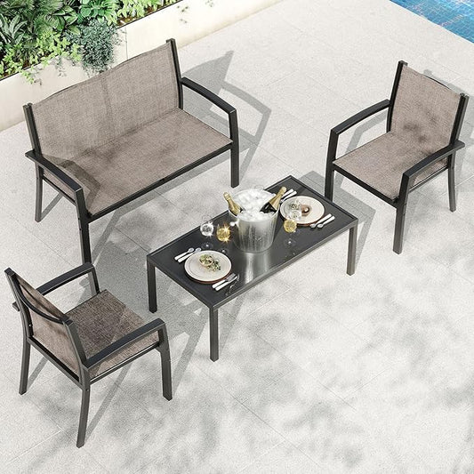 Garvee 4 Piece Patio Bistro Furniture Set, Outdoor Conversation Set with 3 Chairs, Loveseat & Glass Coffee Table, All-Weather Textilene Fabric & Steel Frame for Backyard, Poolside, Porch, Lawn - Brown