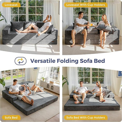 MAXYOYO Convertible Sofa Bed, 80" Oversized Boneless Loveseat Couch 4 in 1 Foldable Floor Sofa Couch in A Box with 2 Cup Holders, Folding Chair for Living Room, Grey