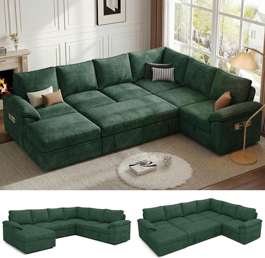 108 Inch Modular Sectional Sofa with Pull Out Bed,U Shaped 7 Seat Sectional Sleeper Sofa with Storage,Sectional Couches for Living Room,Cloud Modular Couch,Removable Sofa Cover,Green