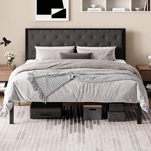 SHA CERLIN King Size Metal Bed Frame with Linen Tufted Headboard, Dark Gray | Modern Design Heavy-Duty Platform Bed, No Box Spring Need, Linen Fabric Upholstery, Noise Free, Easy Assembly
