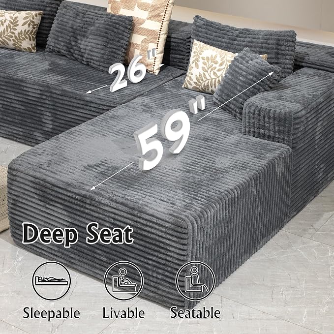 Sectional couches for Living Room Corduroy Couch, 104" Cloud Sectional Couch with L-Shape Chaise, Modern Modular Sofa, Deep Seat Comfort, No Assembly Required(Plush Corduroy, Right Facing Chaise)