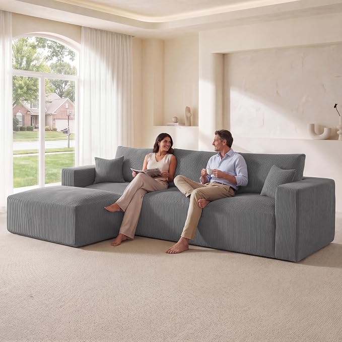 Living&Giving 115" Modular Cloud Boneless Couch, L-Shaped Sectional Sofa with Ottoman, Premium Corduroy Floor Couch, High-Density Foam & Firm Back Support for Living Room Apartment, Grey | Boneless Couch