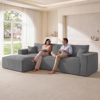 Living&Giving 115" Modular Cloud Boneless Couch, L-Shaped Sectional Sofa with Ottoman, Premium Corduroy Floor Couch, High-Density Foam & Firm Back Support for Living Room Apartment, Grey | Boneless Couch