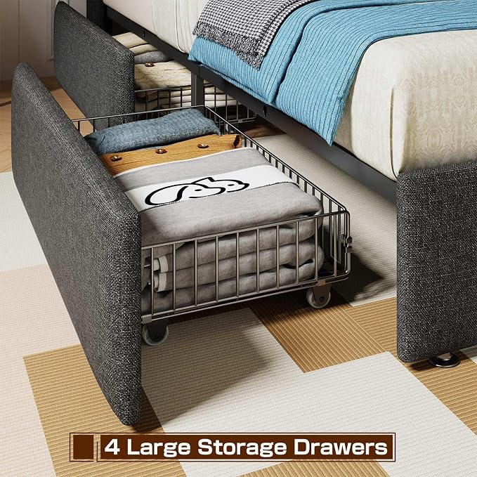 Driftalia LED Queen Bed Frame with 4 Storage Drawers, Upholstered Bed Frame Queen Size with 2-Tier Headboard and Charging Station, No Box Spring Needed, Easy to Assembly - Dark Grey