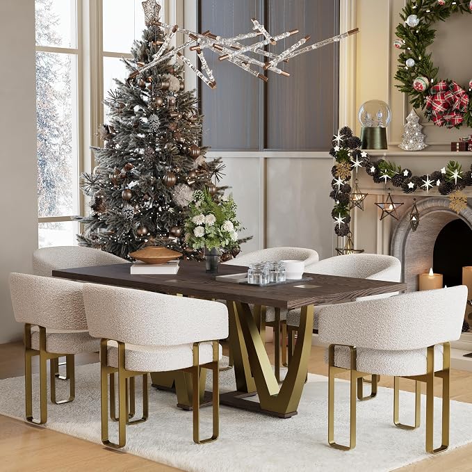 Boucle Dining Chair, Gold Barrel Dining Chair with Arms, Luxury Side Chair with Brushed Gold U-Shaped Legs for Kitchen, Bedroom, Makeup Room (3 PCS)