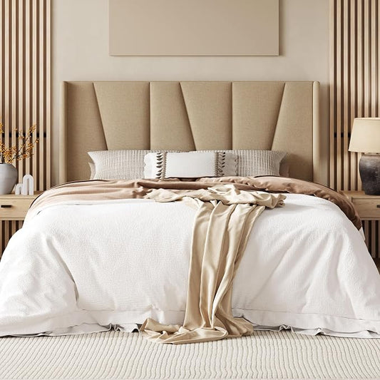 Allewie Full Size Platform Bed Frame with Geometric Wingback Headboard, Boho Upholstered Bed with Wooden Slats Support, No Box Spring Needed, Easy Assembly, Beige