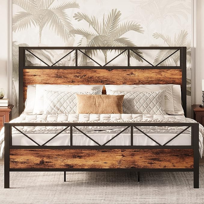 LIKIMIO King Bed Frame, Tall Industrial Headboard 51.2 ", Platform Bed Frame with Strong Metal Support, Solid and Stable, Noise Free, No Box Spring Needed, Easy Assembly, Vintage Brown
