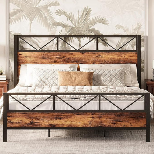 LIKIMIO King Bed Frame, Tall Industrial Headboard 51.2 ", Platform Bed Frame with Strong Metal Support, Solid and Stable, Noise Free, No Box Spring Needed, Easy Assembly, Vintage Brown