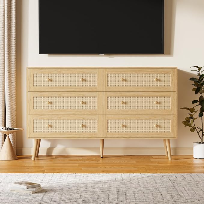 Rattan 6 Drawer Dresser for Bedroom, 47.3" Wide Dresser Chest of Drawers, Boho Wood Dresser TV Stand with Wood Handles, Storage Dressers Closet Organizer for Living Room Hallway, Natural Oak