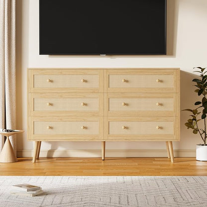 Rattan 6 Drawer Dresser for Bedroom, 47.3" Wide Dresser Chest of Drawers, Boho Wood Dresser TV Stand with Wood Handles, Storage Dressers Closet Organizer for Living Room Hallway, Natural Oak