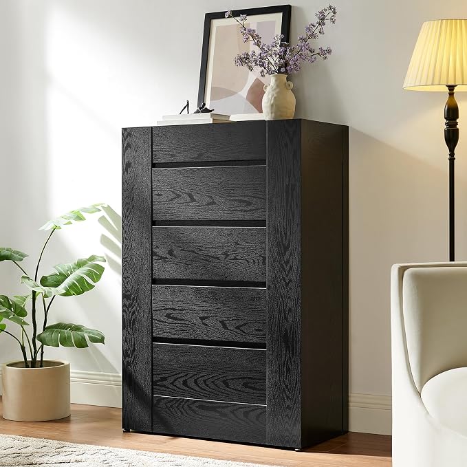 OKD 5 Drawer Dresser for Bedroom, 48" Tall Dresser Chest of Drawers with Thick Wood Design, Handleless, Modern Bedroom Dresser, Storage Organizer for Living Room/Entryway, Black Oak