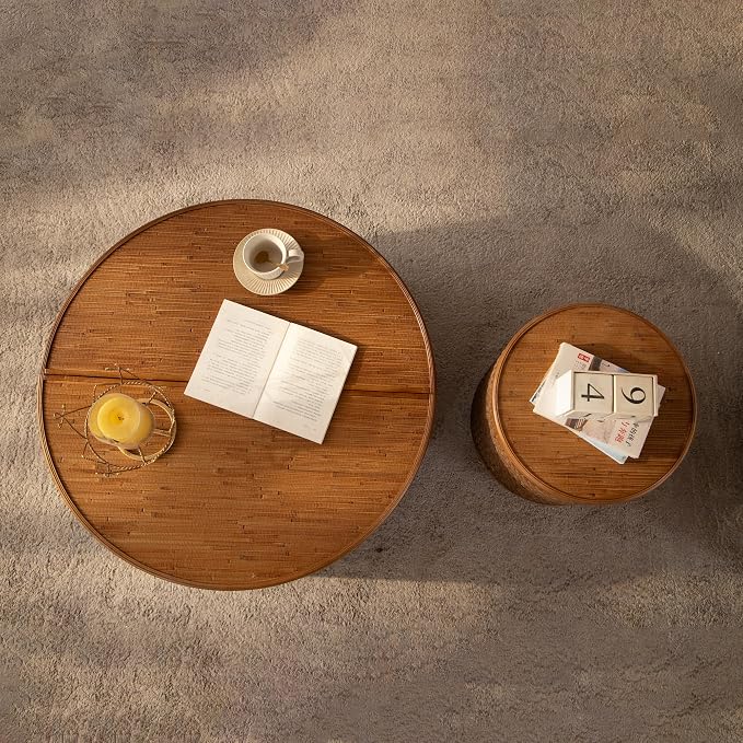 Round Rattan Coffee Table Set of 2 with Lift-Off Lid Storage, Boho-Chic End Table with Hand-Woven Hemp Rope Trim for Living Rooms, Compact Spaces