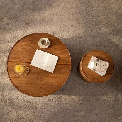 Round Rattan Coffee Table Set of 2 with Lift-Off Lid Storage, Boho-Chic End Table with Hand-Woven Hemp Rope Trim for Living Rooms, Compact Spaces