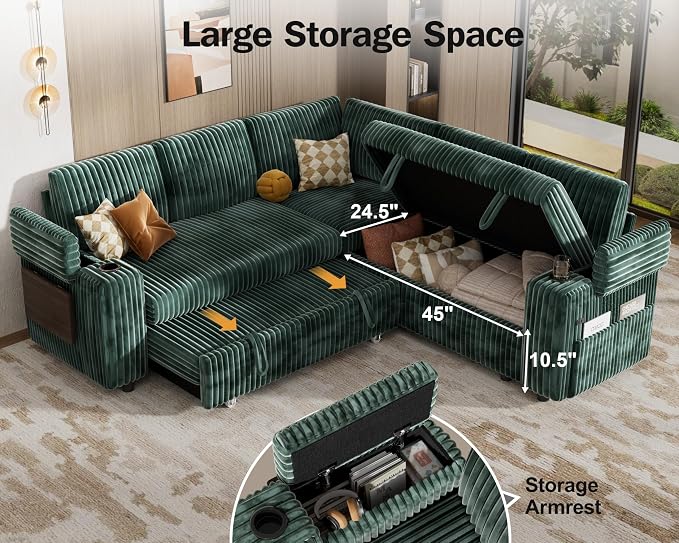 WEUP 86" Modular Sectional Sleeper Sofa with Pull Out Bed, 5 Seat Plush Corduroy L Shaped Couch with USB Ports|Cup Holders|Side Table|Storage Seat Armrests, Tool Free Assembly, Green